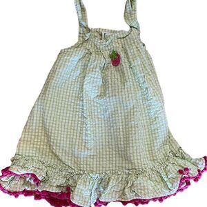Zuccini Seer Sucker Dress with Strawberry & Pom Poms, Size 3T